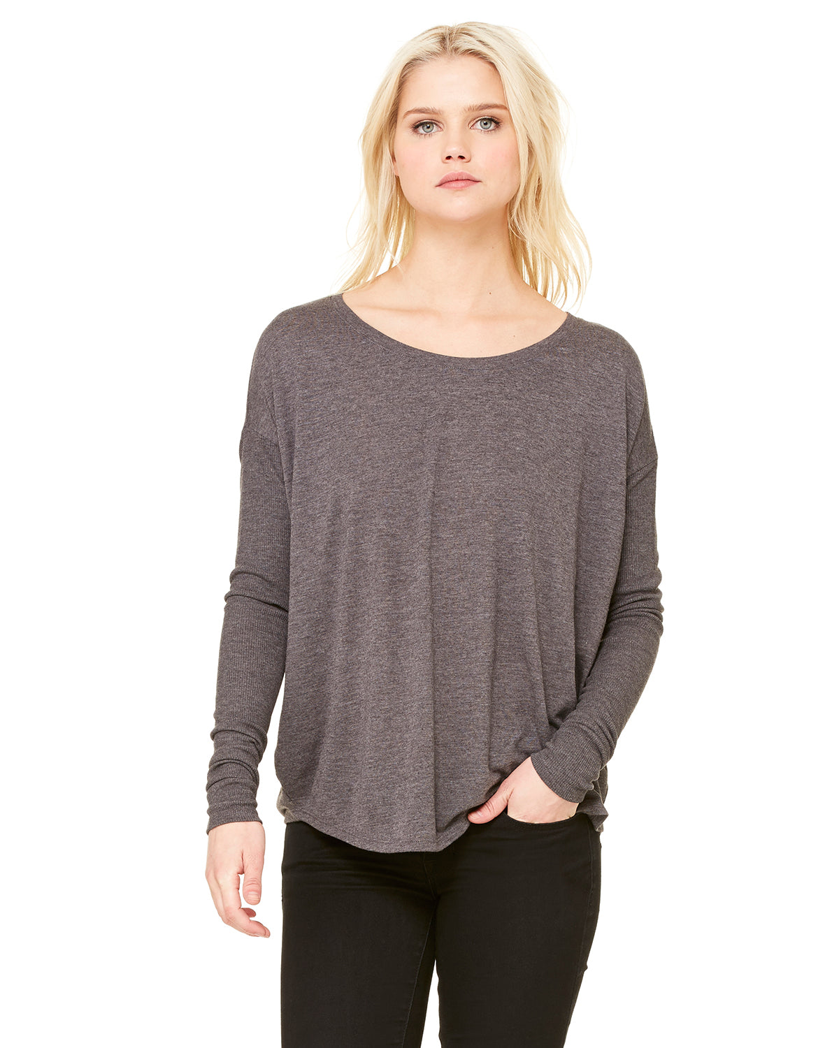 Women's Flowy Long-Sleeve T-Shirt with 2x1 Sleeves - Heather Dark Gray