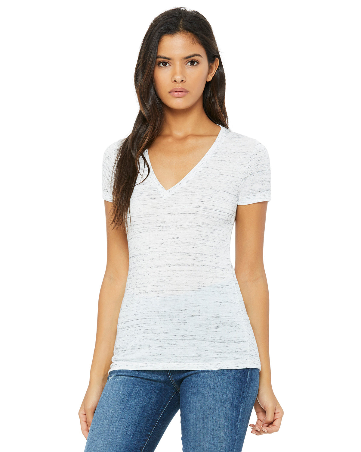Ladies' Jersey Short-Sleeve Deep V-Neck T-Shirt - White Marble