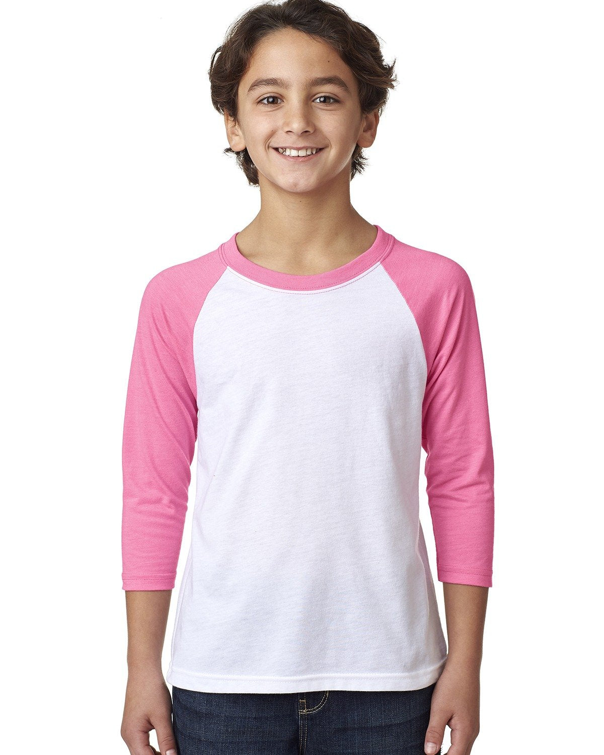 Youth CVC 3/4-Sleeve Raglan - Hot Pink / White