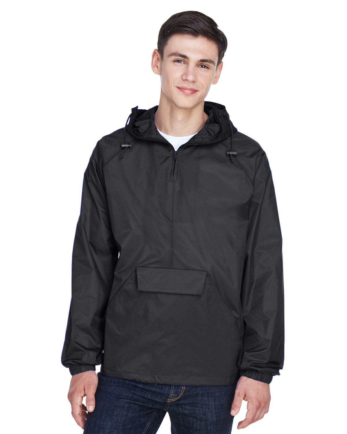 Unisex Quarter-Zip Hooded Pullover Pack-Away Jacket - Black