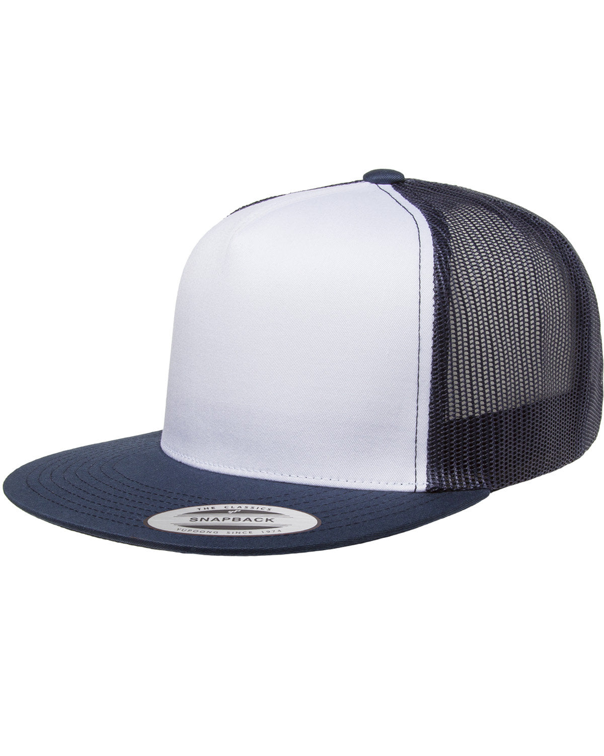 Unisex Classic Flat Bill Trucker with White Front Panel Cap - White / Navy
