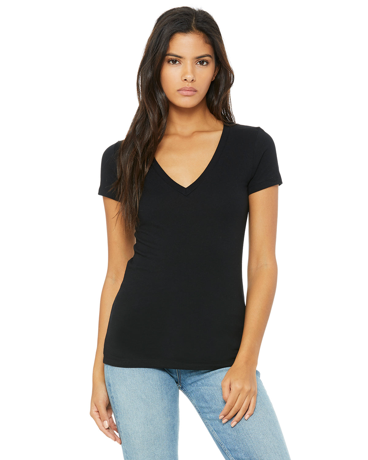 Ladies' Jersey Short-Sleeve Deep V-Neck T-Shirt - Black