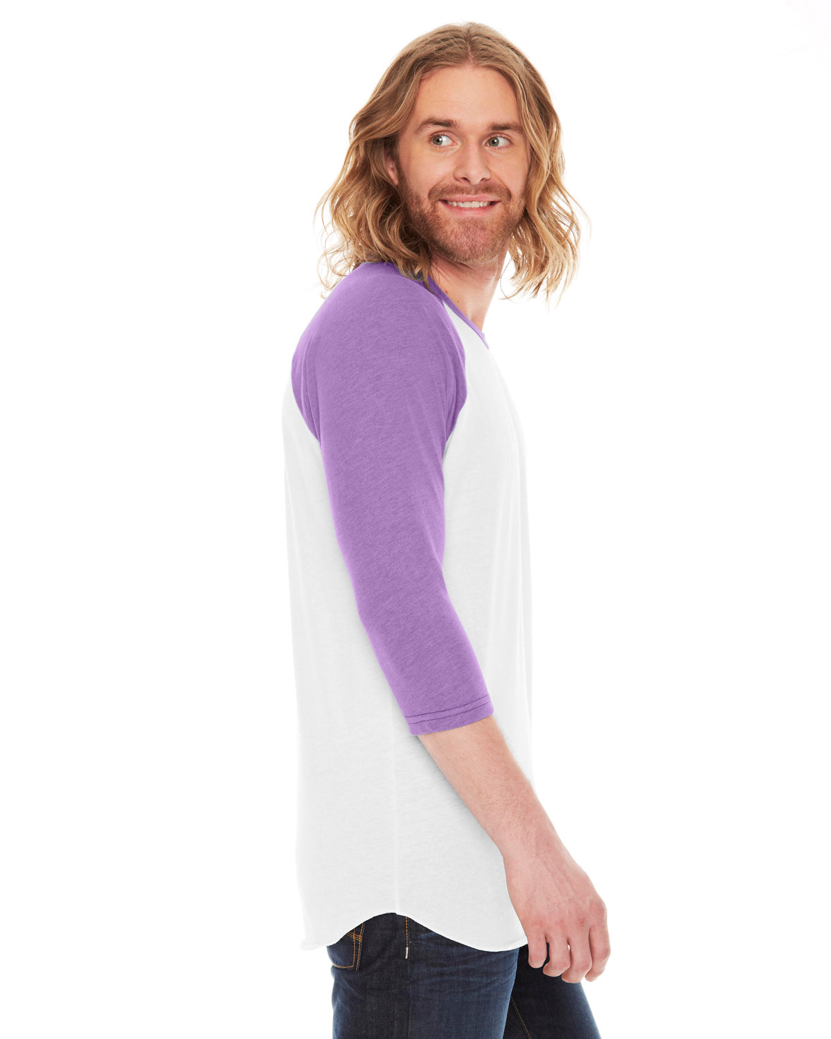 Unisex Poly-Cotton 3/4-Sleeve Raglan T-Shirt - White / Orchid