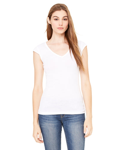Women's Sheer Mini Rib Cap-Sleeve Deep V-Neck T-Shirt - White
