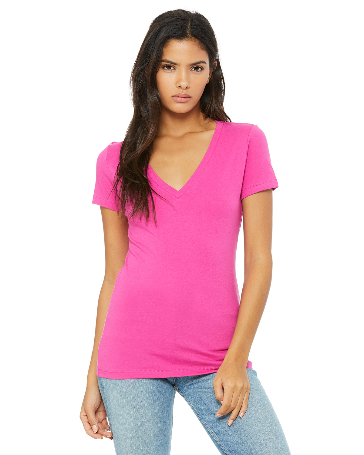 Ladies' Jersey Short-Sleeve Deep V-Neck T-Shirt - Berry