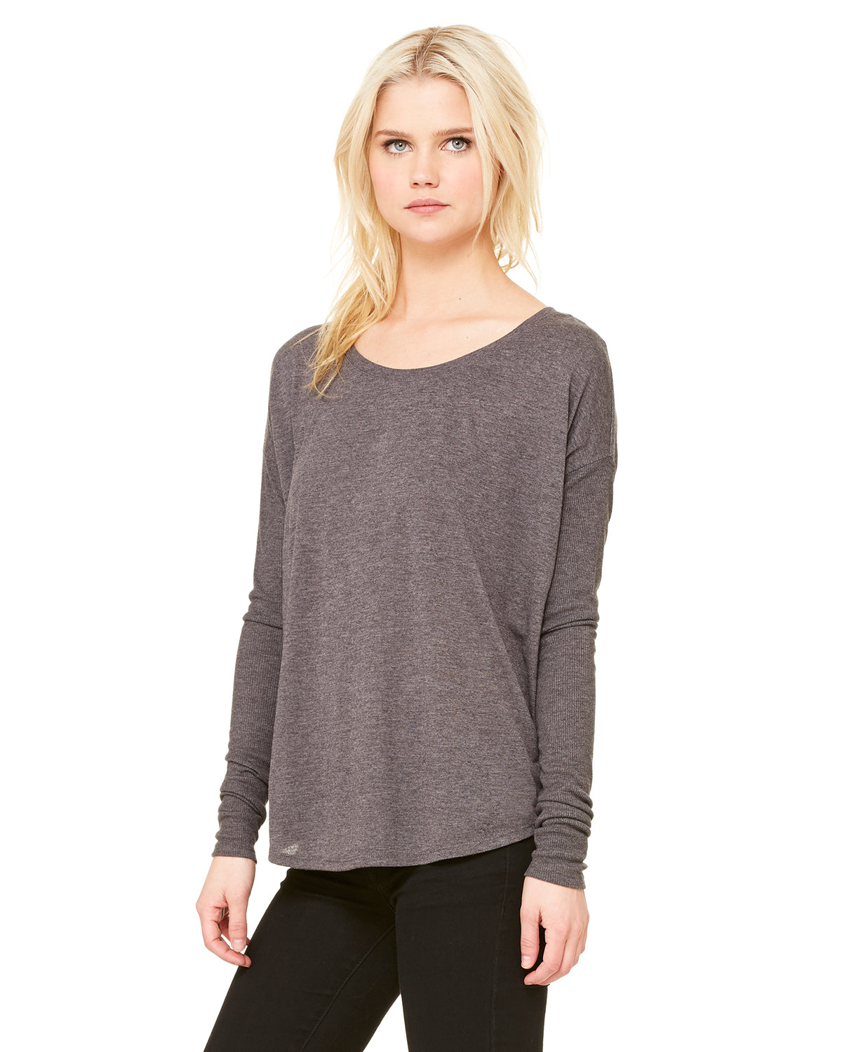 Women's Flowy Long-Sleeve T-Shirt with 2x1 Sleeves - Heather Dark Gray