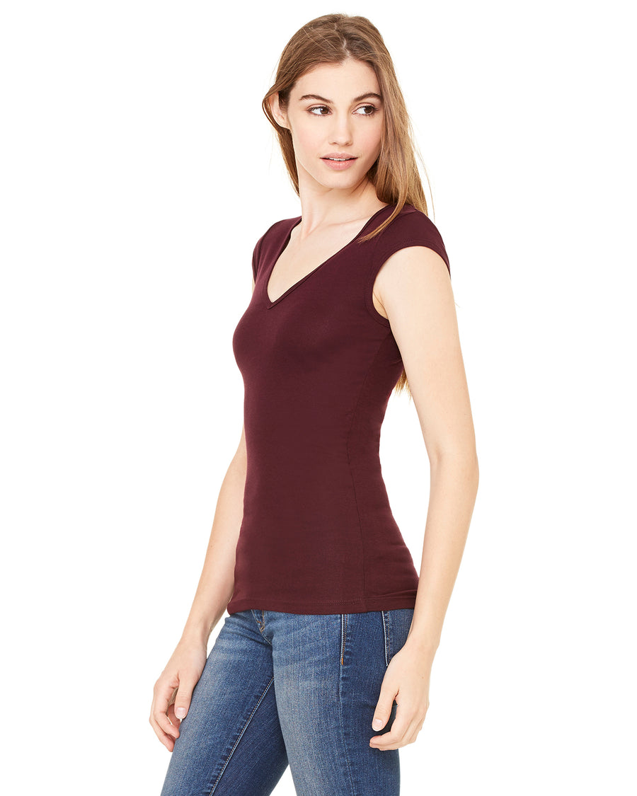 Women's Sheer Mini Rib Cap-Sleeve Deep V-Neck T-Shirt - Plum