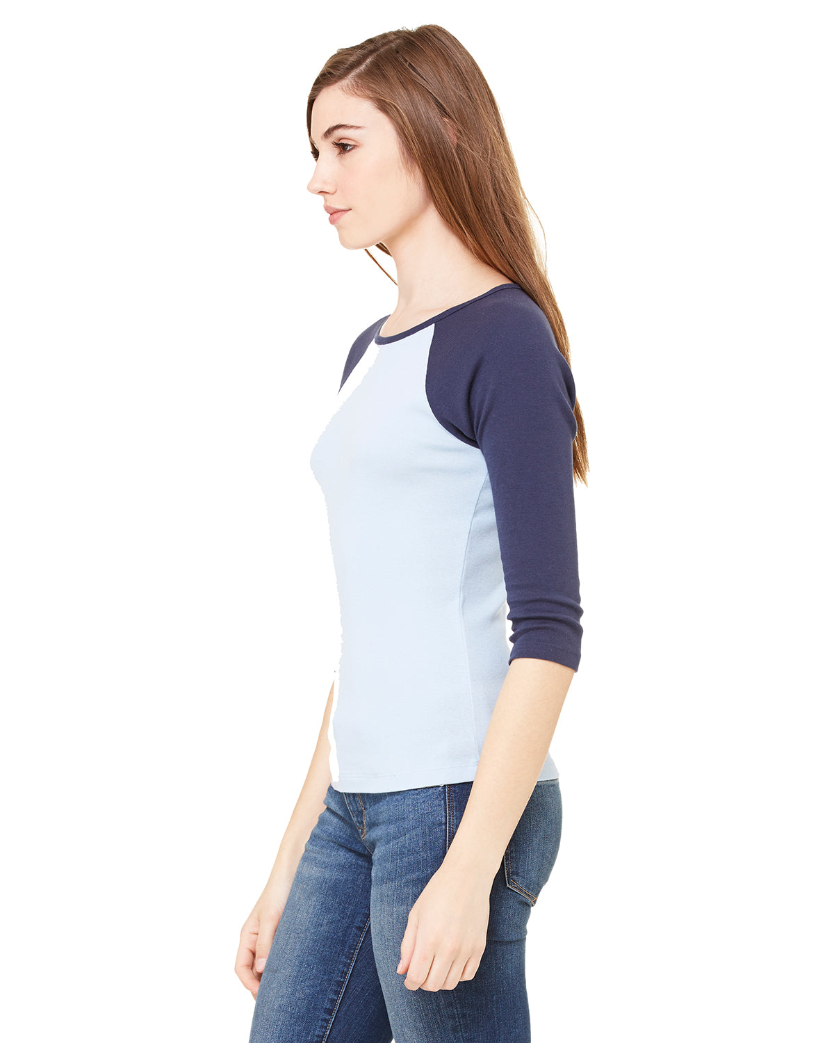 Women's Baby Rib 3/4-Sleeve Contrast Raglan T-Shirt - Baby Blue / Navy