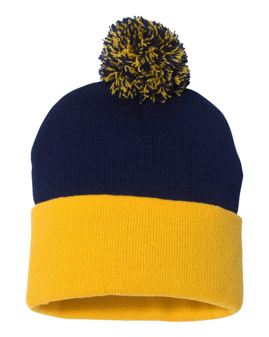 Pom-Pom 12" Knit Beanie - Navy / Gold
