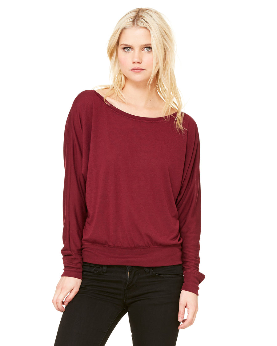 Women's Flowy Long-Sleeve Off Shoulder T-Shirt - Maroon