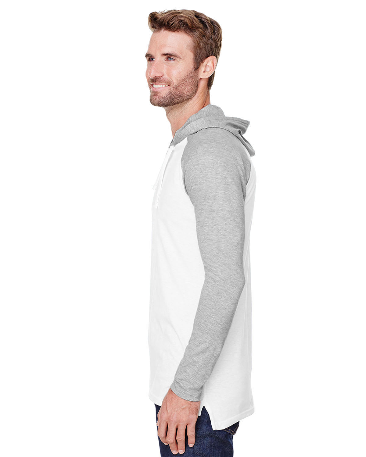 Men's Hooded Raglan Long Sleeve Fine Jersey T-Shirt - B White / Vintage Heather / White