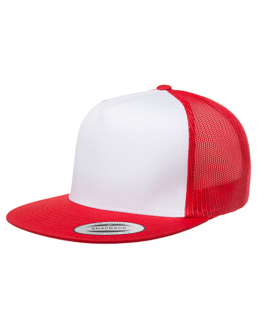 Unisex Classic Flat Bill Trucker with White Front Panel Cap - White / Red
