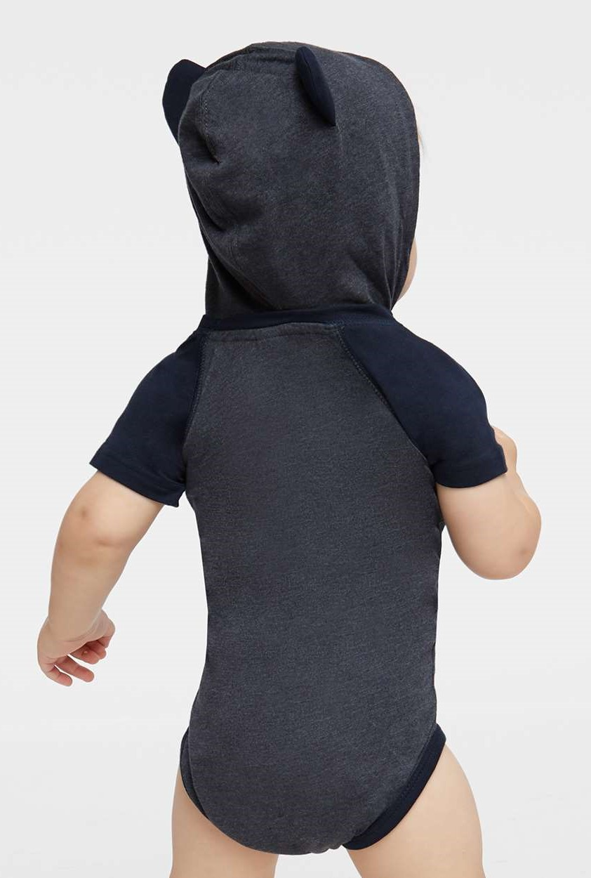 Fine Jersey Infant Short Sleeve Raglan Bodysuit with Hood & Ears - Vintage Navy / Navy