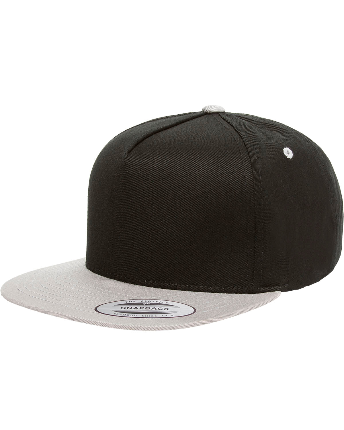 Unisex 5-Panel Cotton Twill Snapback Cap - Black / Silver