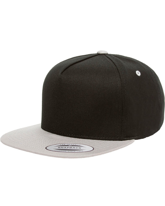 Unisex 5-Panel Cotton Twill Snapback Cap - Black / Silver