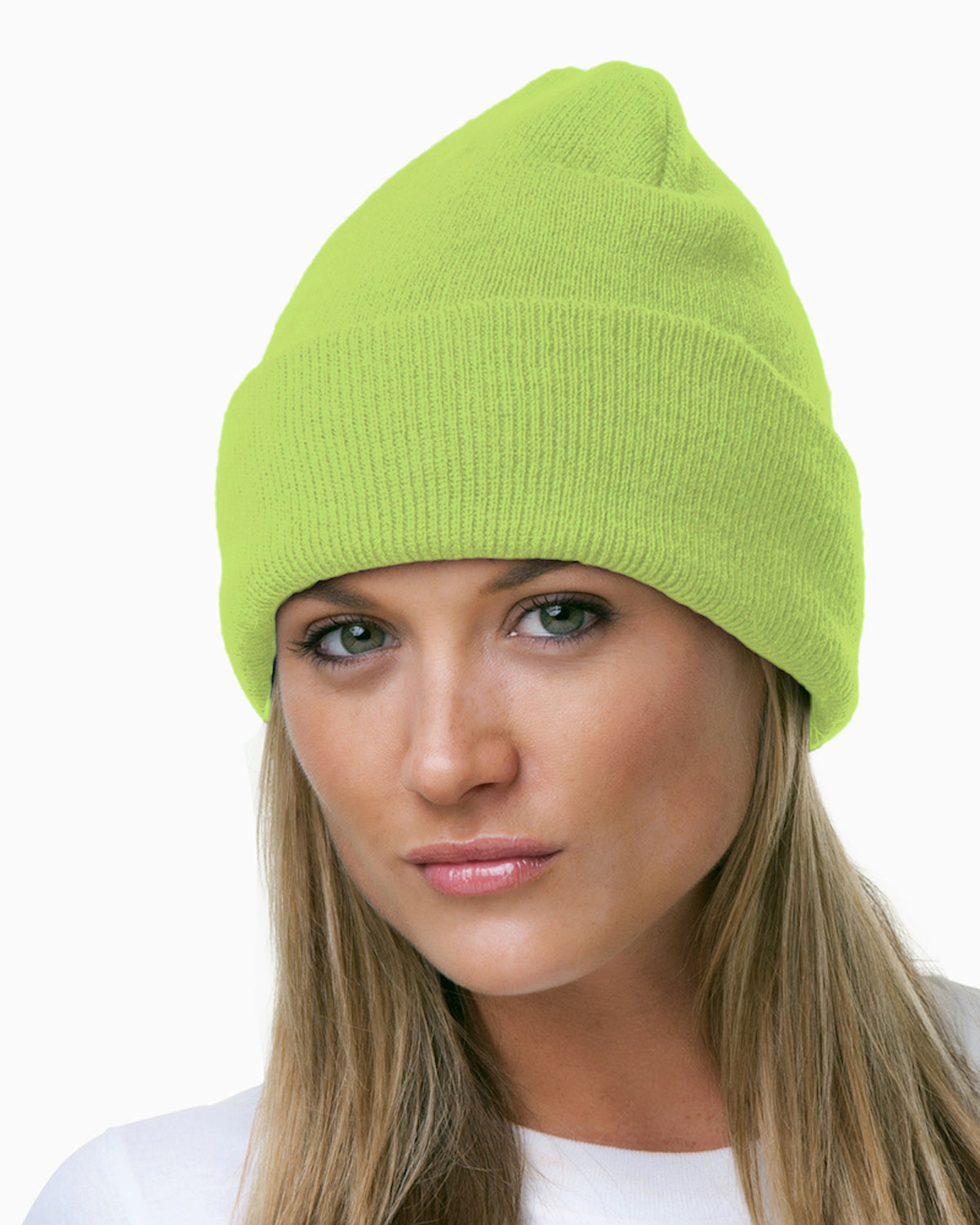 100% Acrylic Knit Cuff Beanie - Lime Green