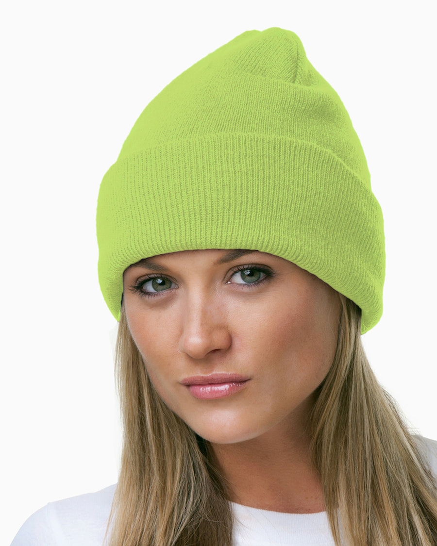 100% Acrylic Knit Cuff Beanie - Lime Green