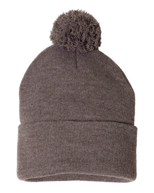 Pom-Pom 12" Knit Beanie - Heather Brown