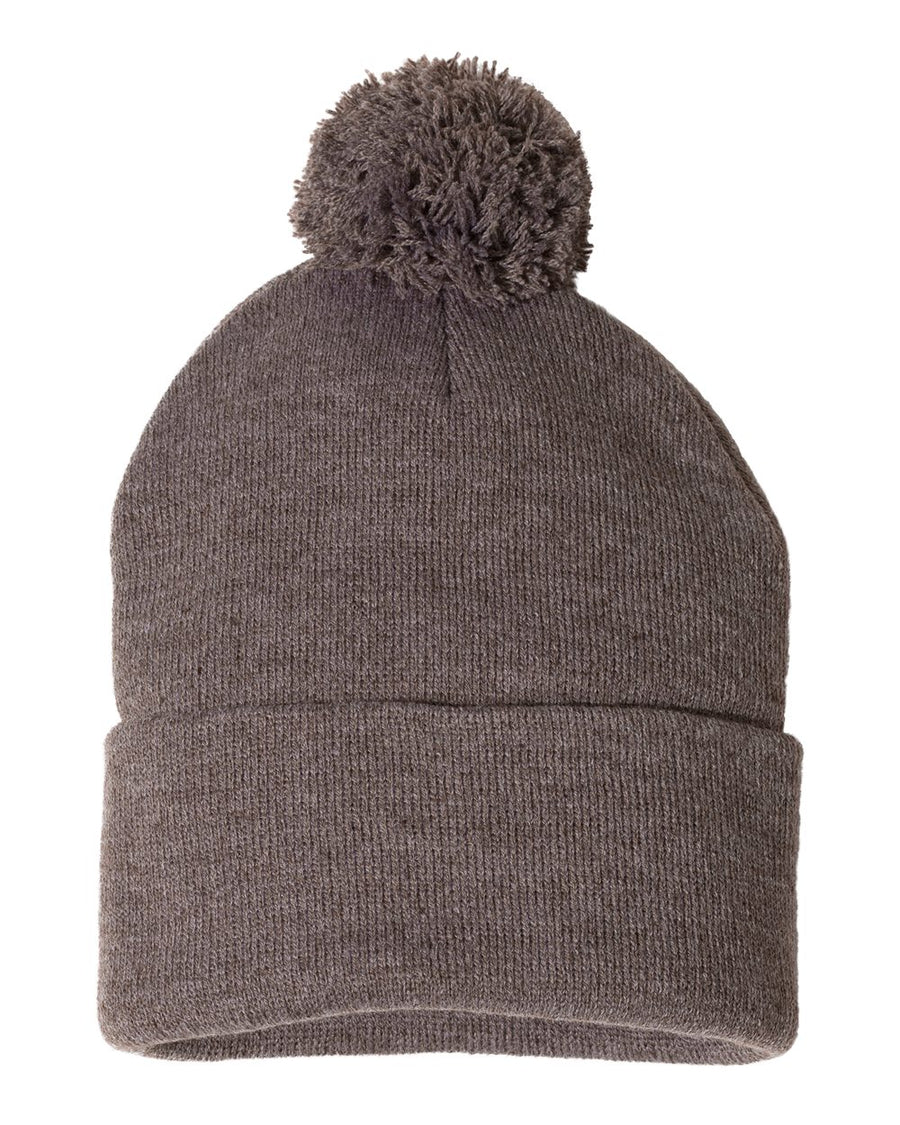 Pom-Pom 12" Knit Beanie - Heather Brown