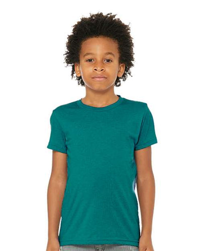 BELLA + CANVAS 3413Y Teal Triblend — on model front