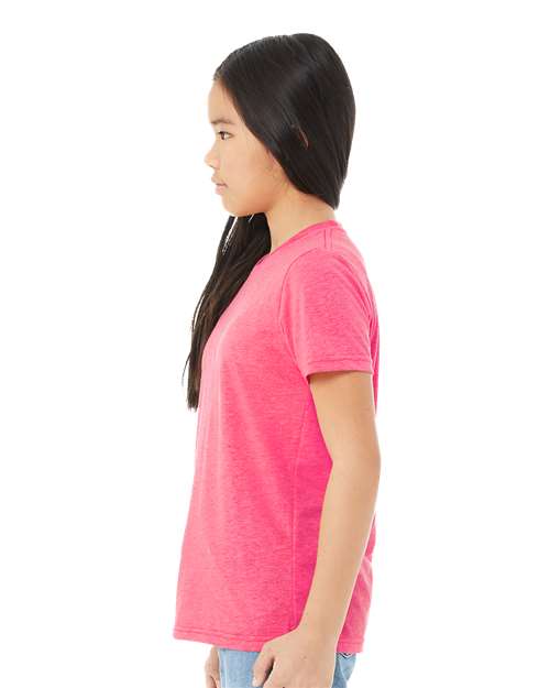 BELLA + CANVAS 3413Y Charity Pink Triblend — on model side