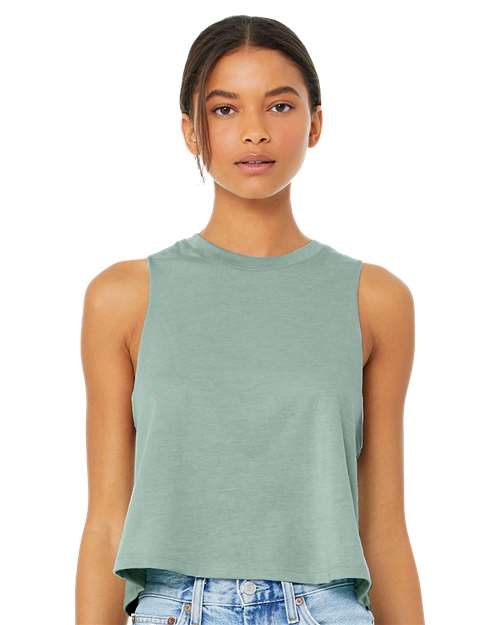 BELLA + CANVAS 6682 Heather Dusty Blue — on model front