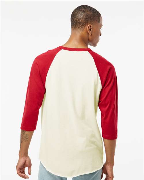 Tultex 245 Vintage White/ Rio Red — on model back