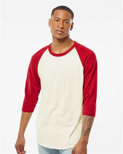 Tultex 245 Vintage White/ Rio Red — on model front