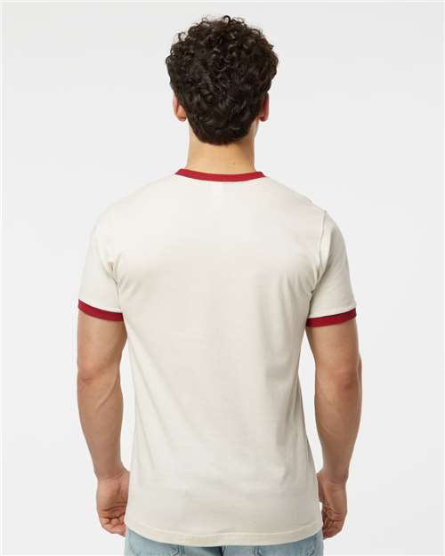 Tultex 246 Vintage White/ Rio Red — on model back