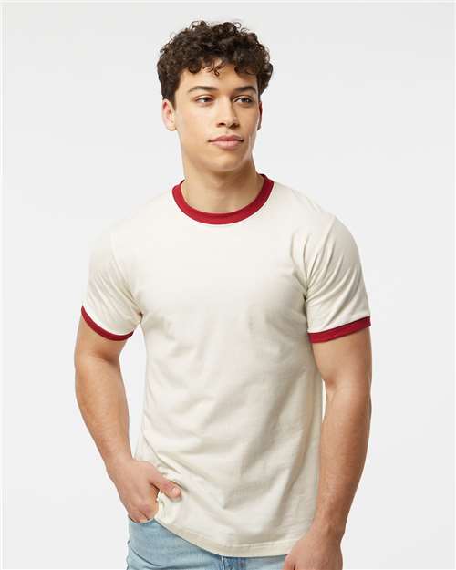 Tultex 246 Vintage White/ Rio Red — on model front