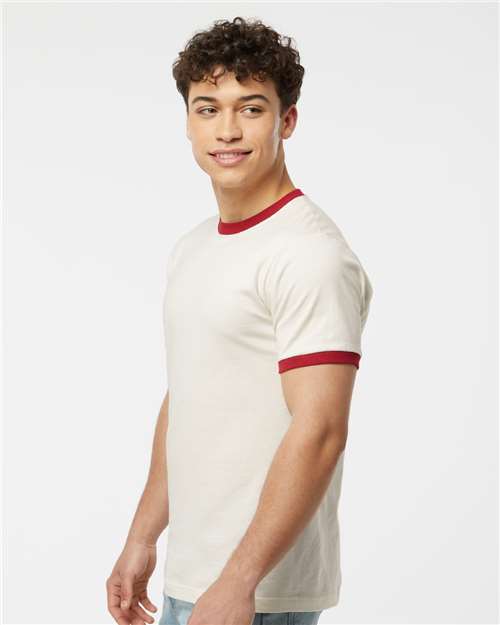 Tultex 246 Vintage White/ Rio Red — on model side