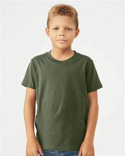 BELLA + CANVAS 3001Y Military Green — on model front