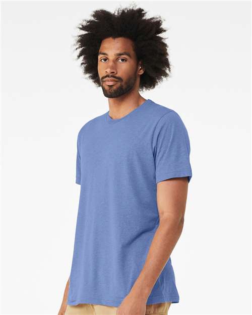 BELLA + CANVAS 3413 Solid Blue Triblend — on model side