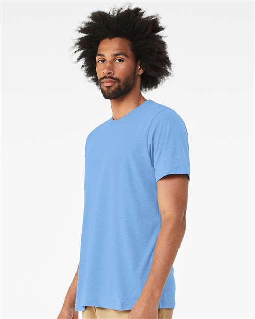 BELLA + CANVAS 3413 Solid Carolina Blue Triblend — on model side