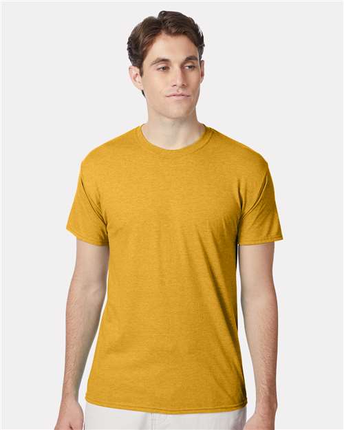 Hanes 42TB Gold Heather — on model front