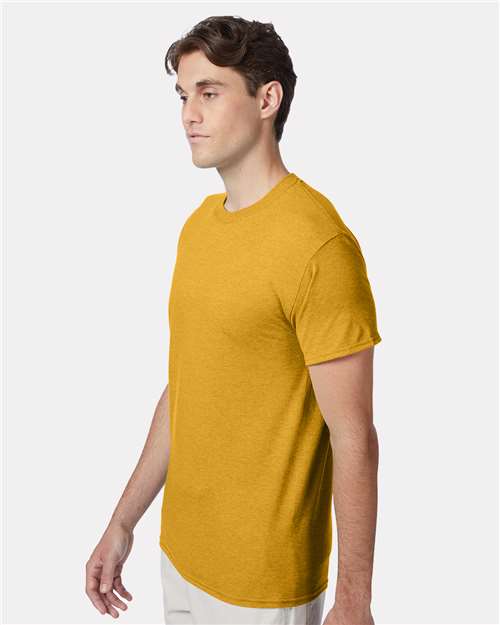 Hanes 42TB Gold Heather — on model side