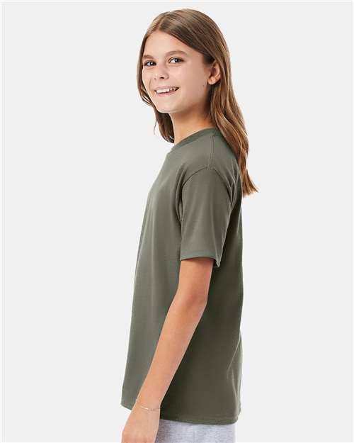 Hanes 498Y Fatigue Green — on model side