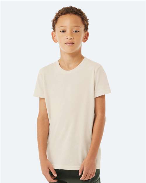 BELLA + CANVAS 3413Y Solid Natural Triblend — on model side