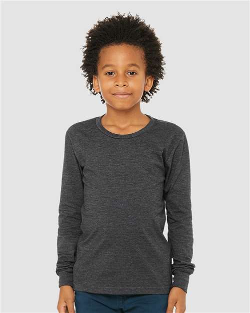 BELLA + CANVAS 3501YCVC Dark Grey Heather — on model front