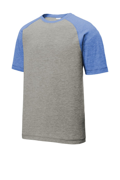 Unisex PosiCharge Tri-Blend Wicking Raglan Tee - True Royal Heather / Light Gray Heather