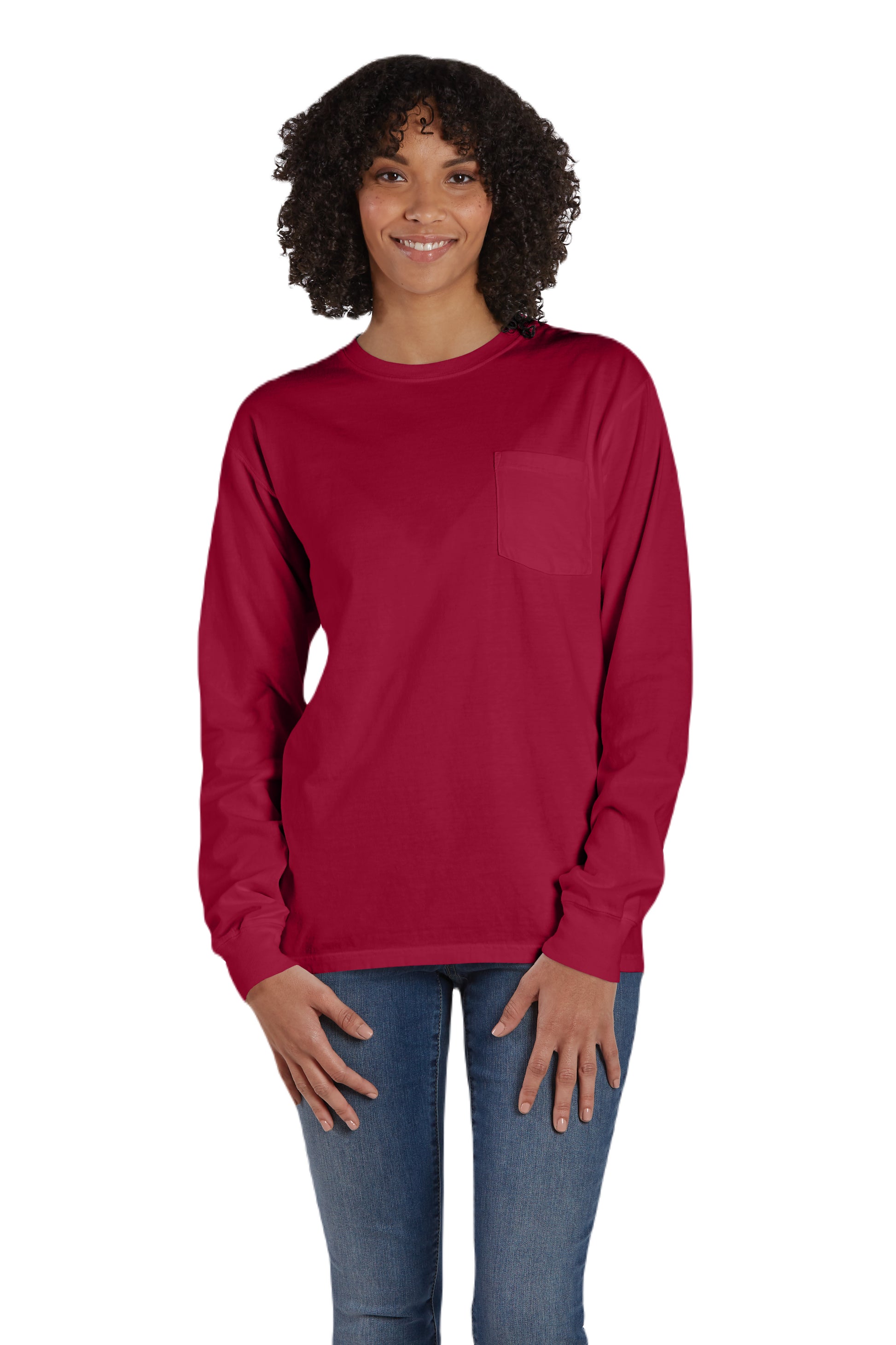 Unisex 100% Ringspun Cotton Garment-Dyed Long-Sleeve T-Shirt with Pocket - Crimson Fall