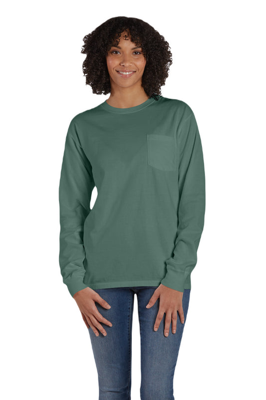 Unisex 100% Ringspun Cotton Garment-Dyed Long-Sleeve T-Shirt with Pocket - Cypress Green
