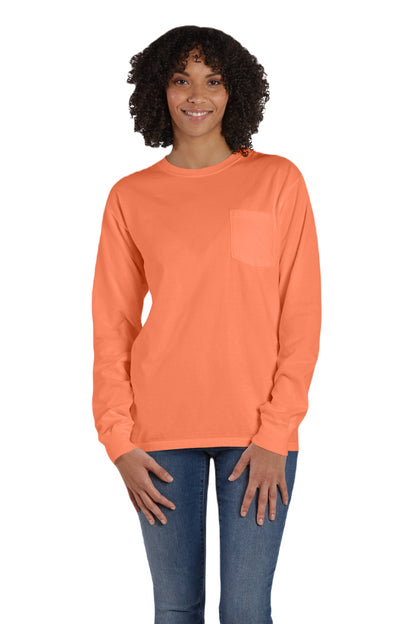 Unisex 100% Ringspun Cotton Garment-Dyed Long-Sleeve T-Shirt with Pocket - Horizon Orange
