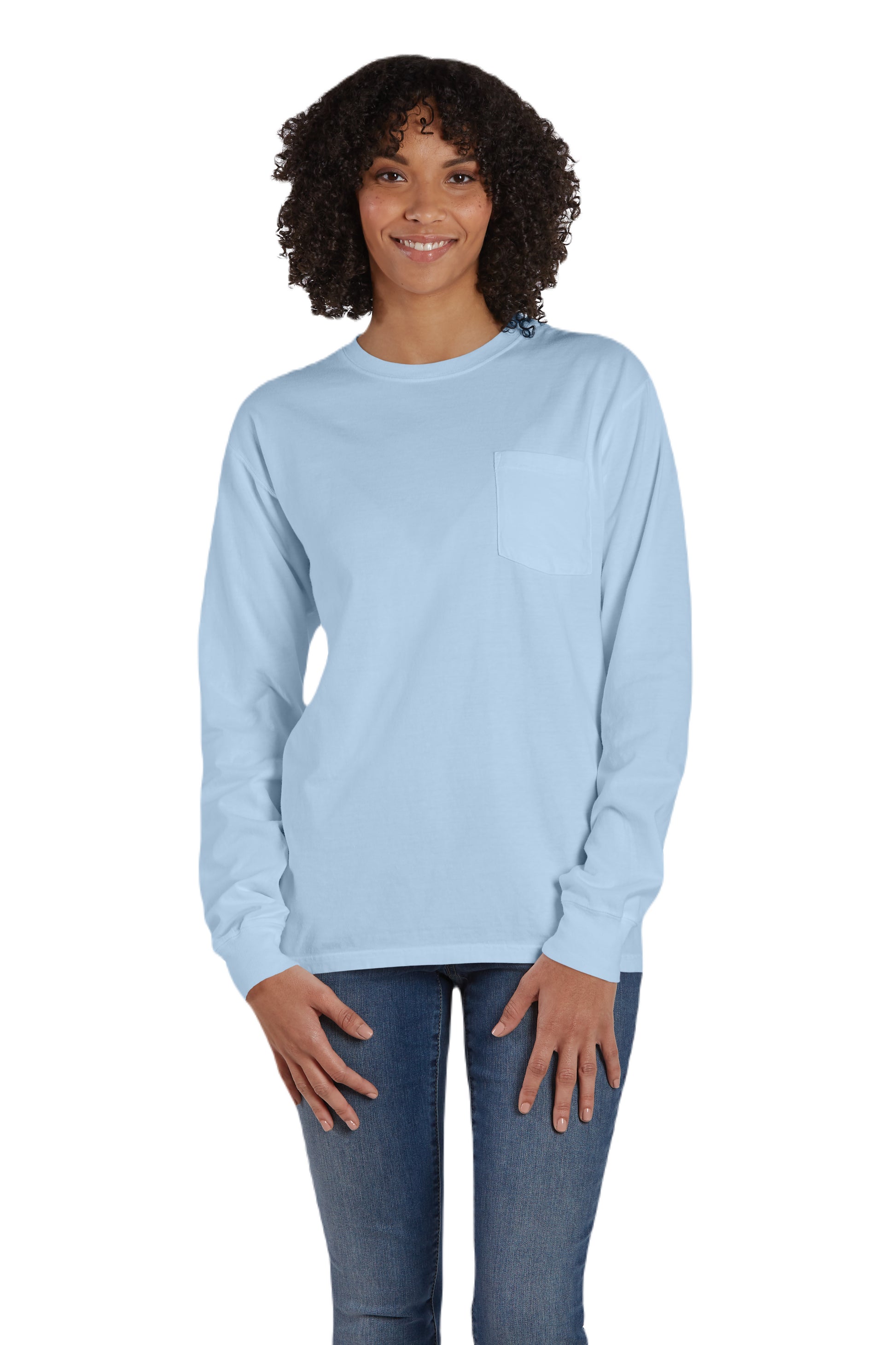 Unisex 100% Ringspun Cotton Garment-Dyed Long-Sleeve T-Shirt with Pocket - Soothing Blue