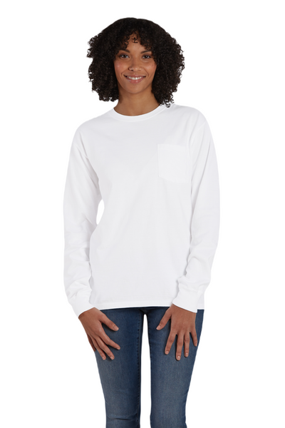 Unisex 100% Ringspun Cotton Garment-Dyed Long-Sleeve T-Shirt with Pocket - White