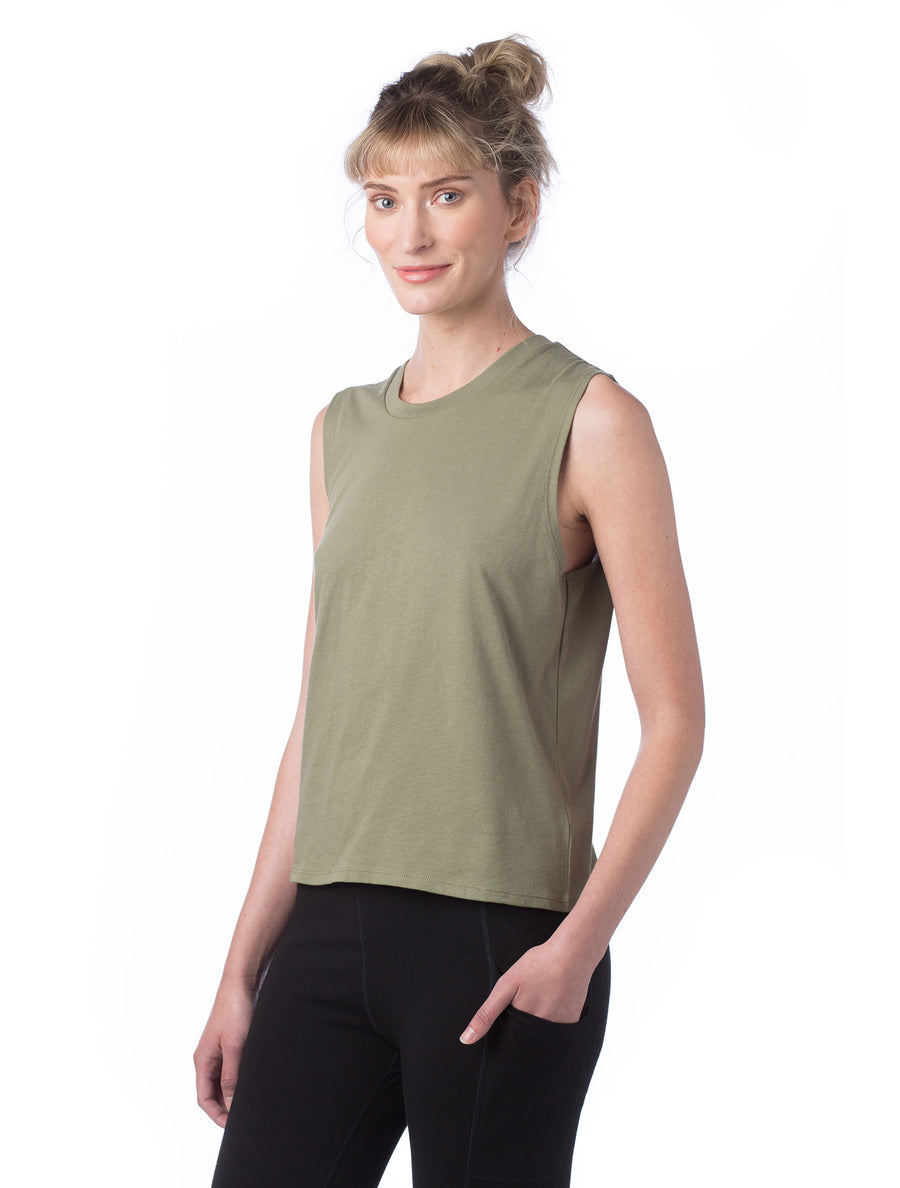 Women's Cotton Jersey Go-To Crop Muscle Tank - Military