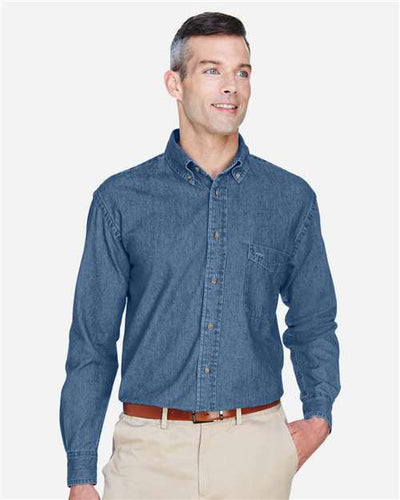 Harriton M550 Light Denim — on model front
