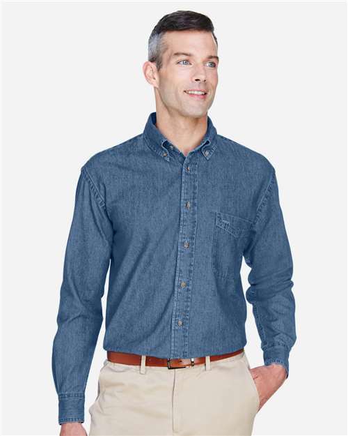 Harriton M550 Light Denim — on model front