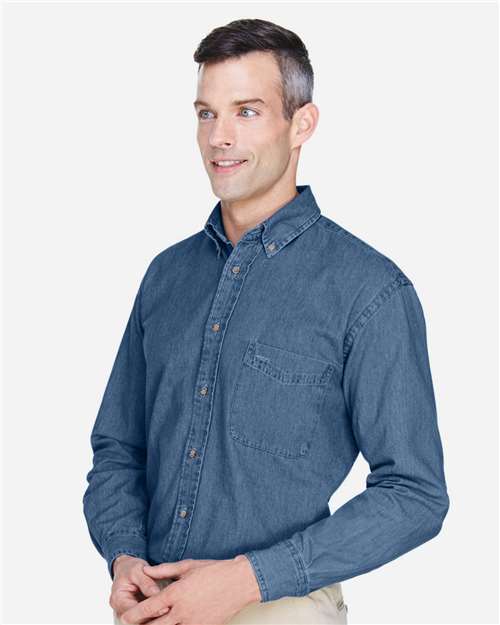 Harriton M550 Light Denim — on model side