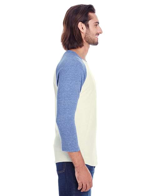 Threadfast Apparel 302G Cream/ Navy Triblend — on model side